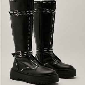Nasty Gal Faux Leather Double Buckle Studded Calf High Boots